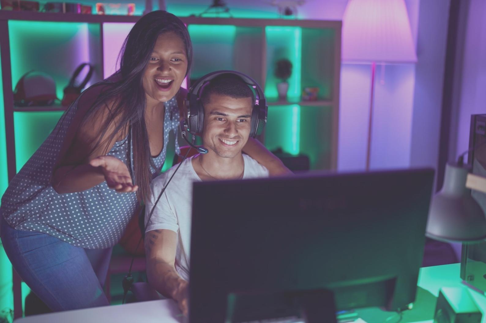 Modern workspace with gaming interface design tools and collaborative learning environment